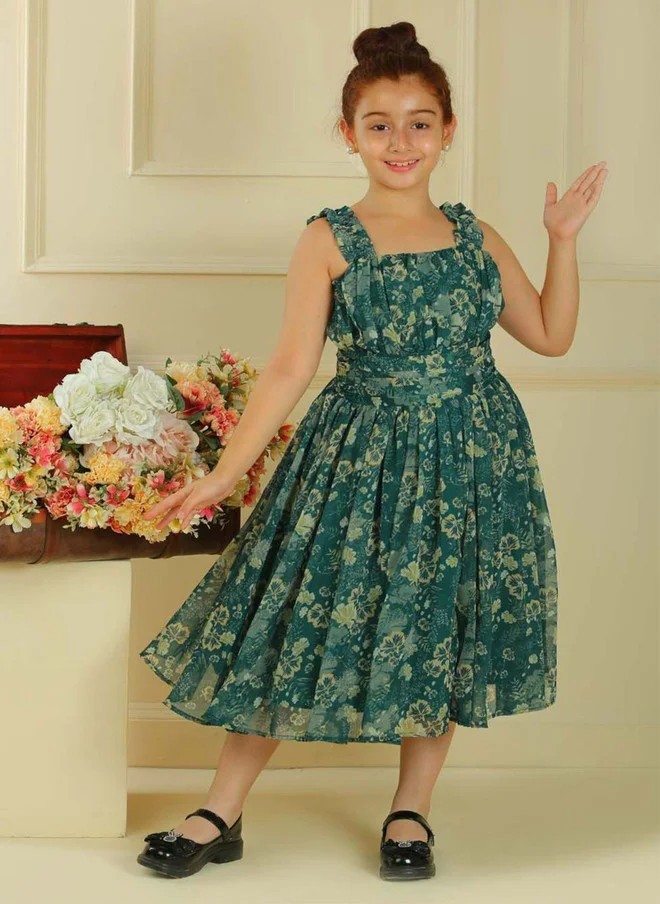 Luxe & Hardy فستان ميدي أخضر مطبوع عليه زهور للبنات، بتصميم ضيق من الأعلى وواسع من الأسفل، مكشكش أو مطوي